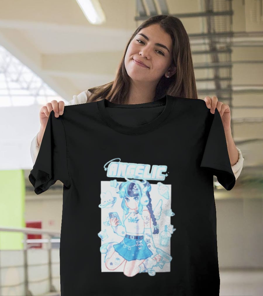 Angelic Anime Girl Halo Wings Headphones Cute Aesthetic Kawaii T-Shirt