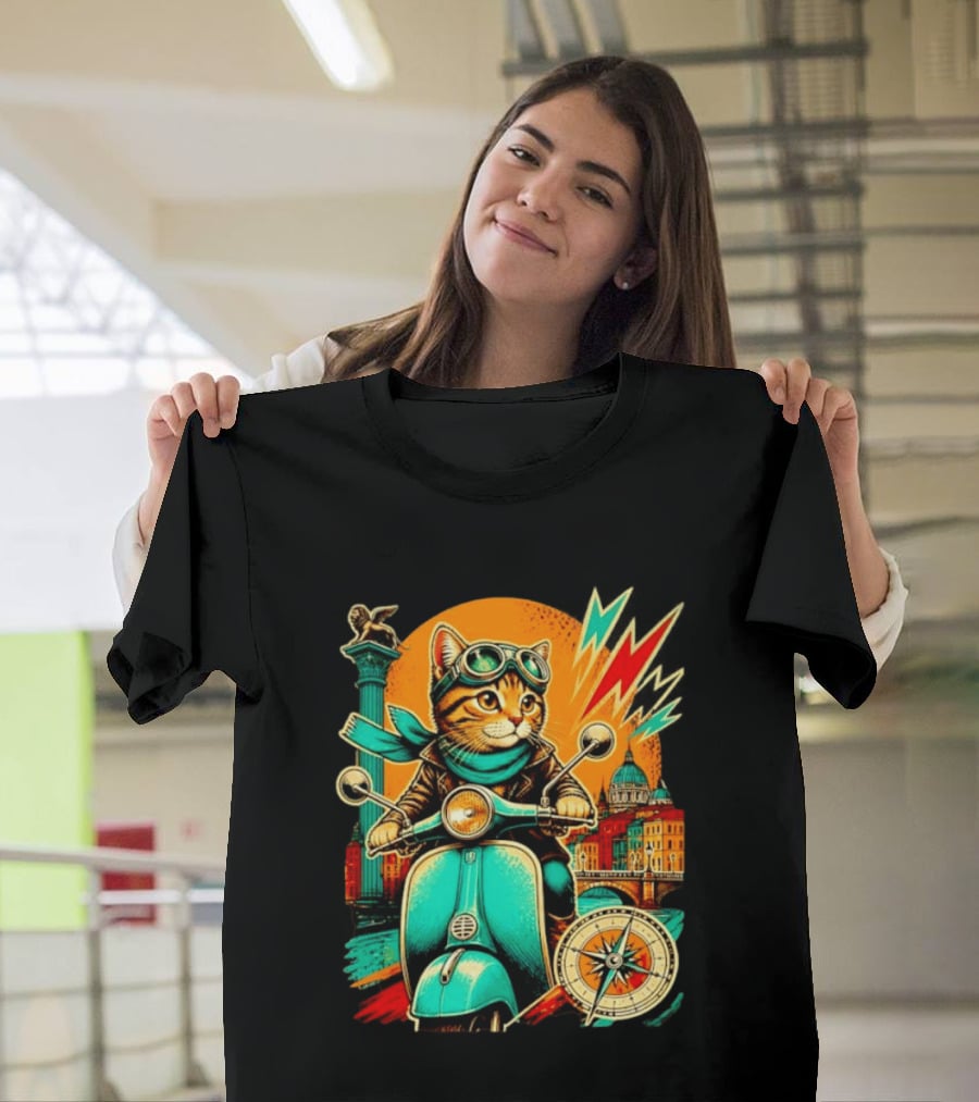 Cat On Scooter Adventure In Venice With Vibrant Cityscape And Compass T-Shirt