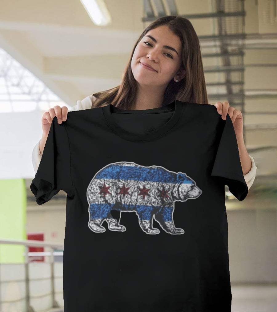 Chicago Bears Grizzly Bear Chicago Flag Stars Blue Stripes T-Shirt