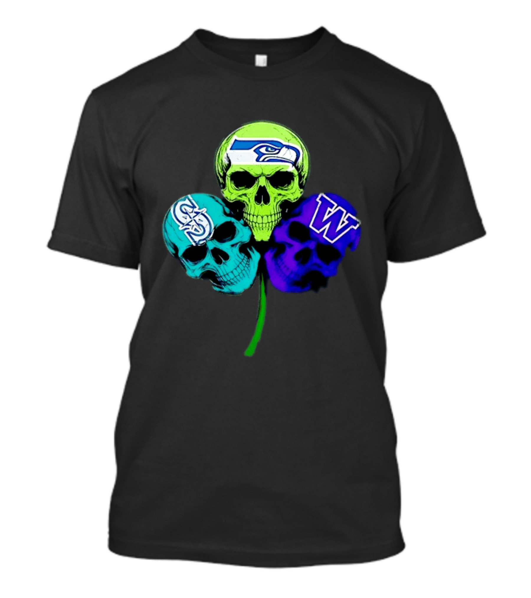 Seattle Seahawks Mariners Washington Huskies Shamrock Skulls T-Shirt