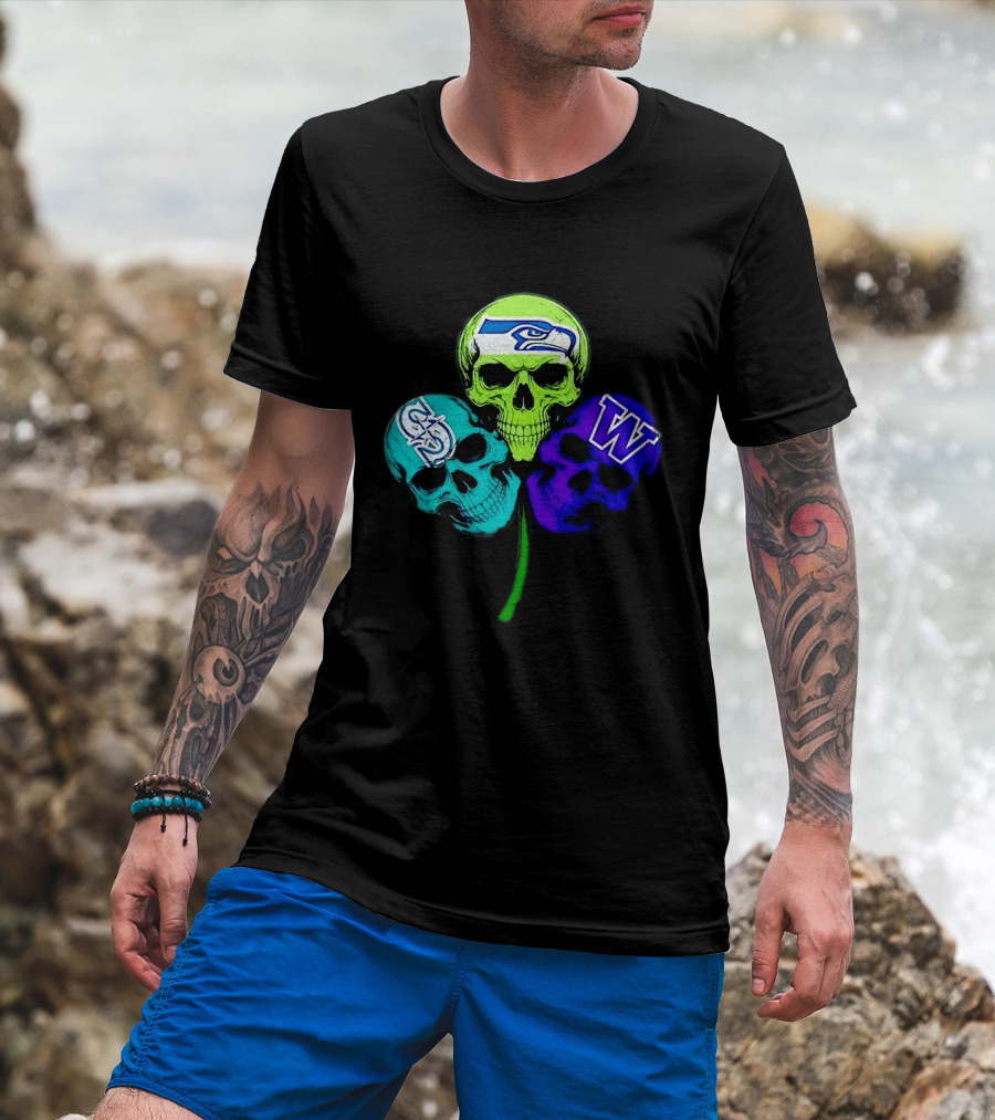 Seattle Seahawks Mariners Washington Huskies Shamrock Skulls T-Shirt