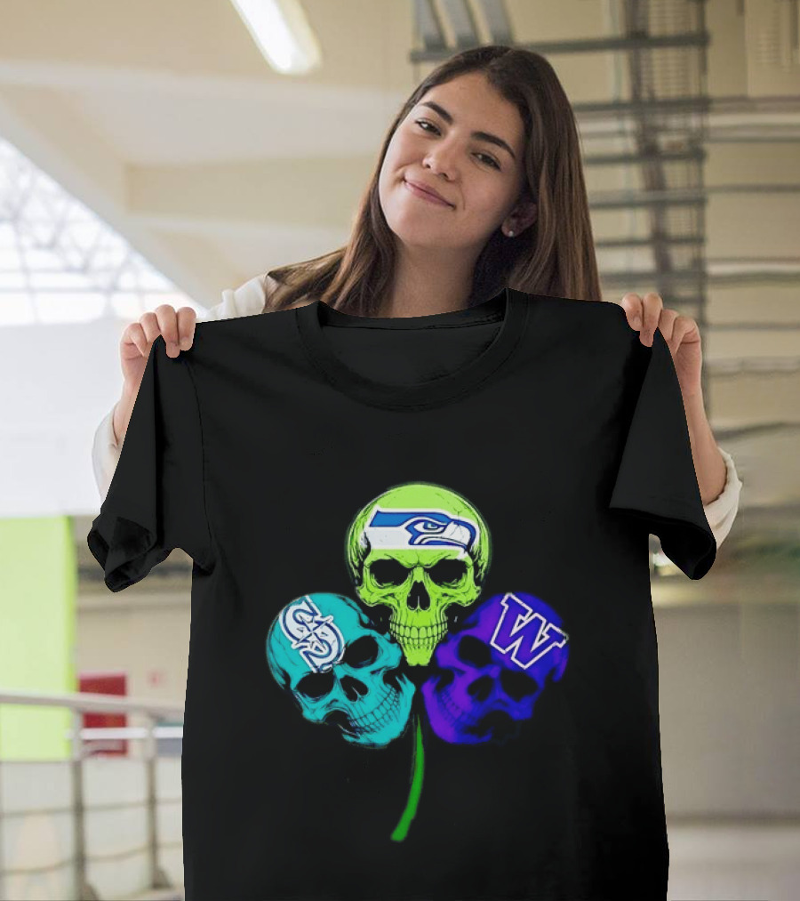 Seattle Seahawks Mariners Washington Huskies Shamrock Skulls T-Shirt