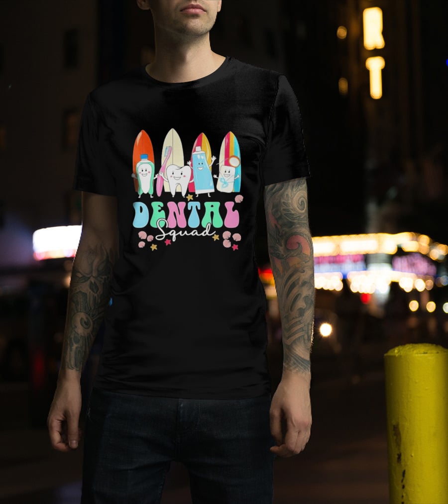 Dental Squad Toothpaste Toothbrush Floss Surfboards Fun Playful T-Shirt