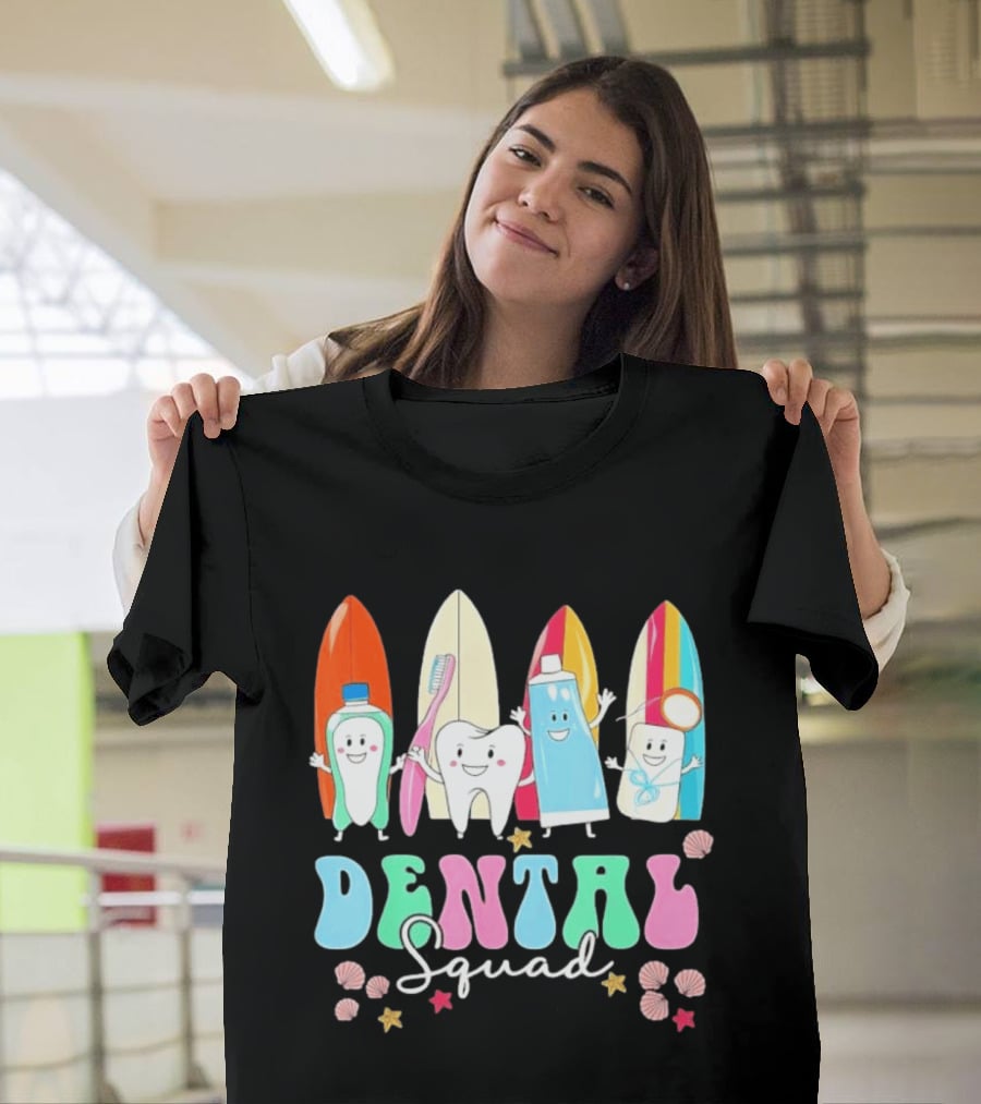 Dental Squad Toothpaste Toothbrush Floss Surfboards Fun Playful T-Shirt