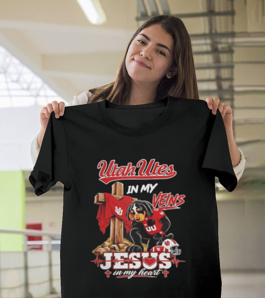 Utah Utes Faith Dog Jesus In My Heart Football Veins T-Shirt