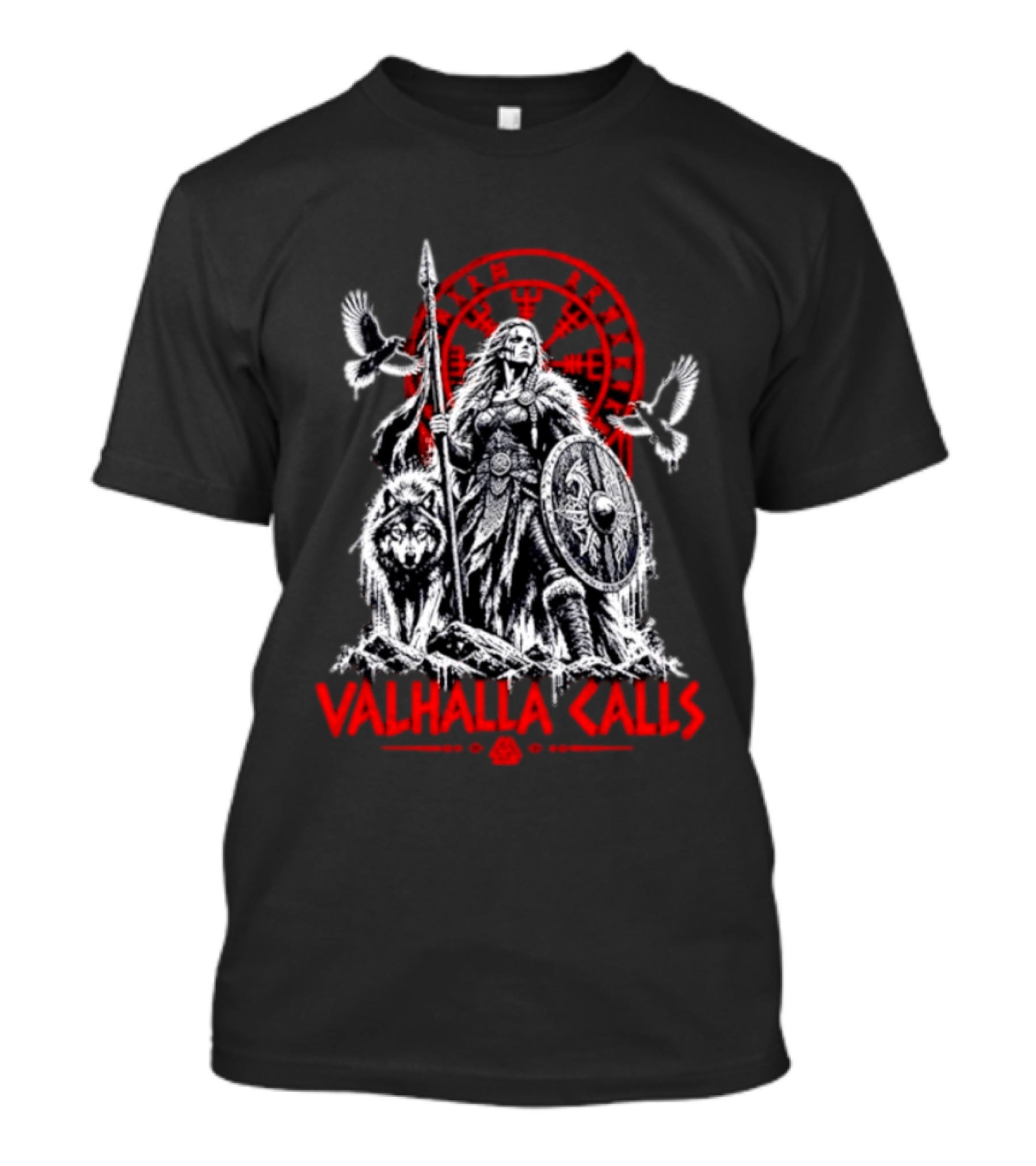 Valhalla Calls Viking Warrior With Wolf Ravens Spear Shield Nordic Rune Wheel T-Shirt