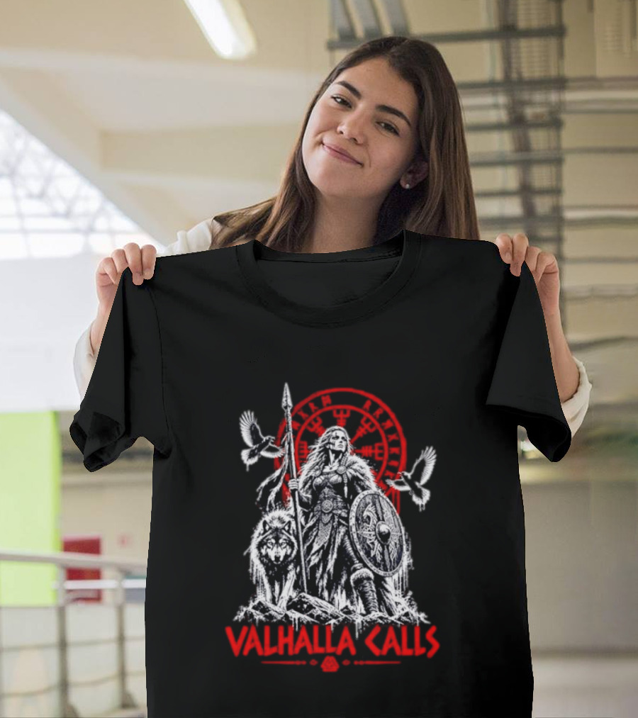 Valhalla Calls Viking Warrior With Wolf Ravens Spear Shield Nordic Rune Wheel T-Shirt