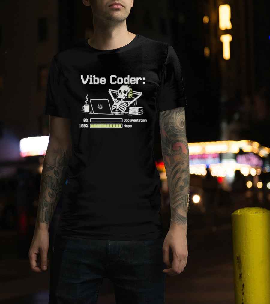Vibe Coder Skeleton Headphones 0% Documentation 100% Hope T-Shirt