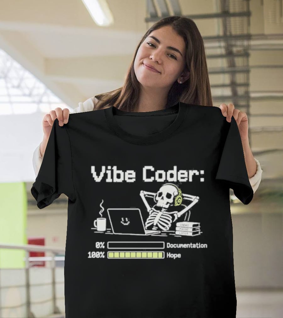 Vibe Coder Skeleton Headphones 0% Documentation 100% Hope T-Shirt
