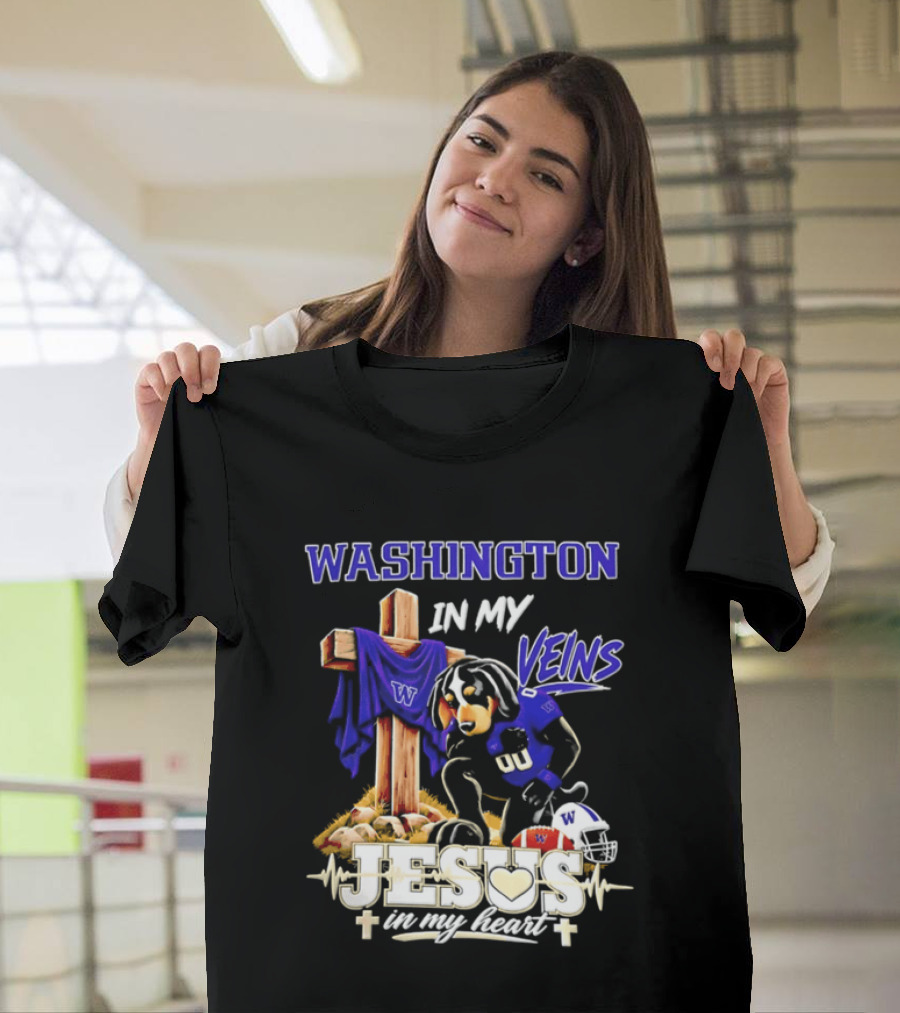 Washington Huskies Football Jesus In My Heart Dog In My Veins Faith T-Shirt