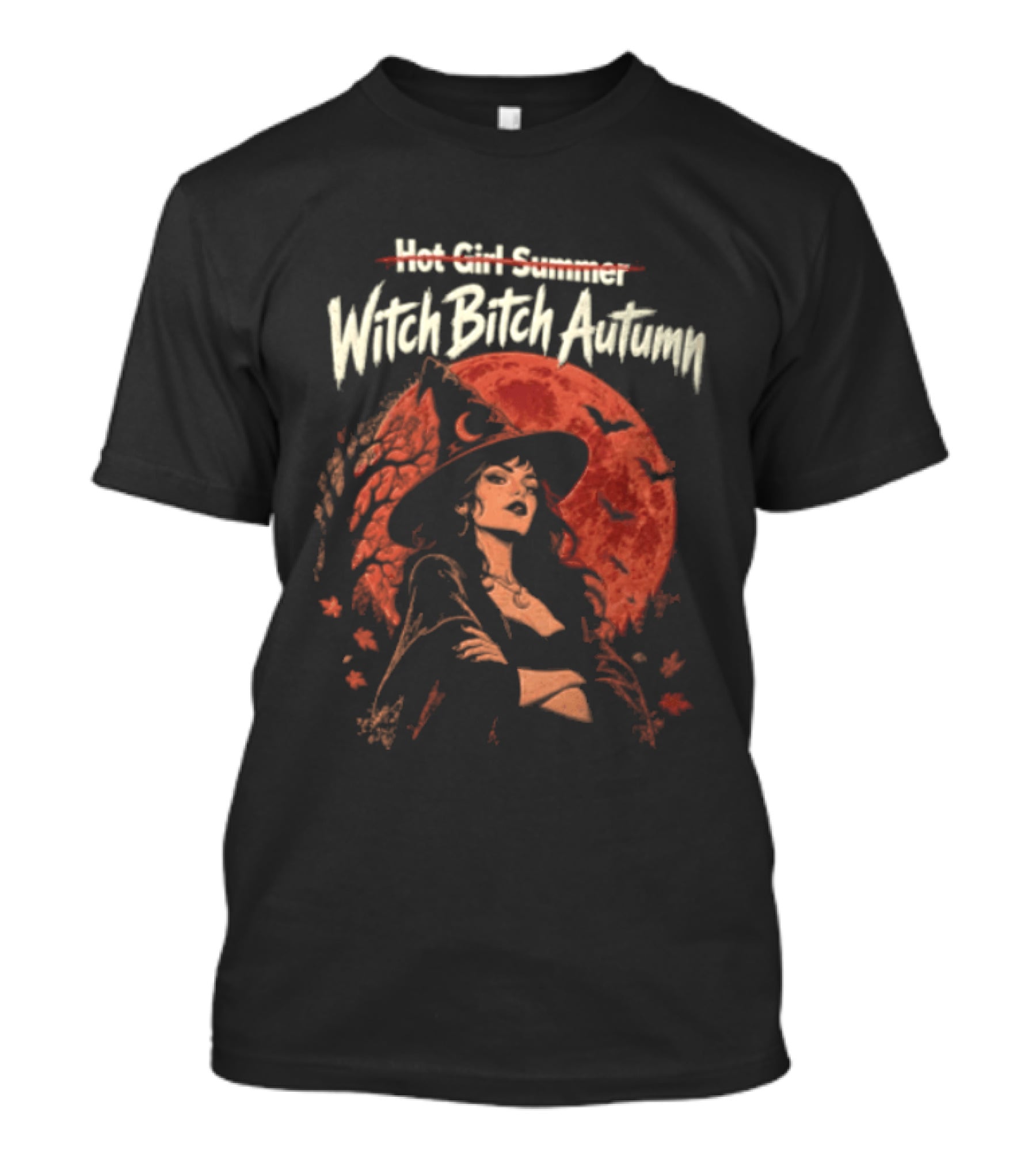 Witch Bitch Autumn Red Moon Bats Forest Woman T-Shirt