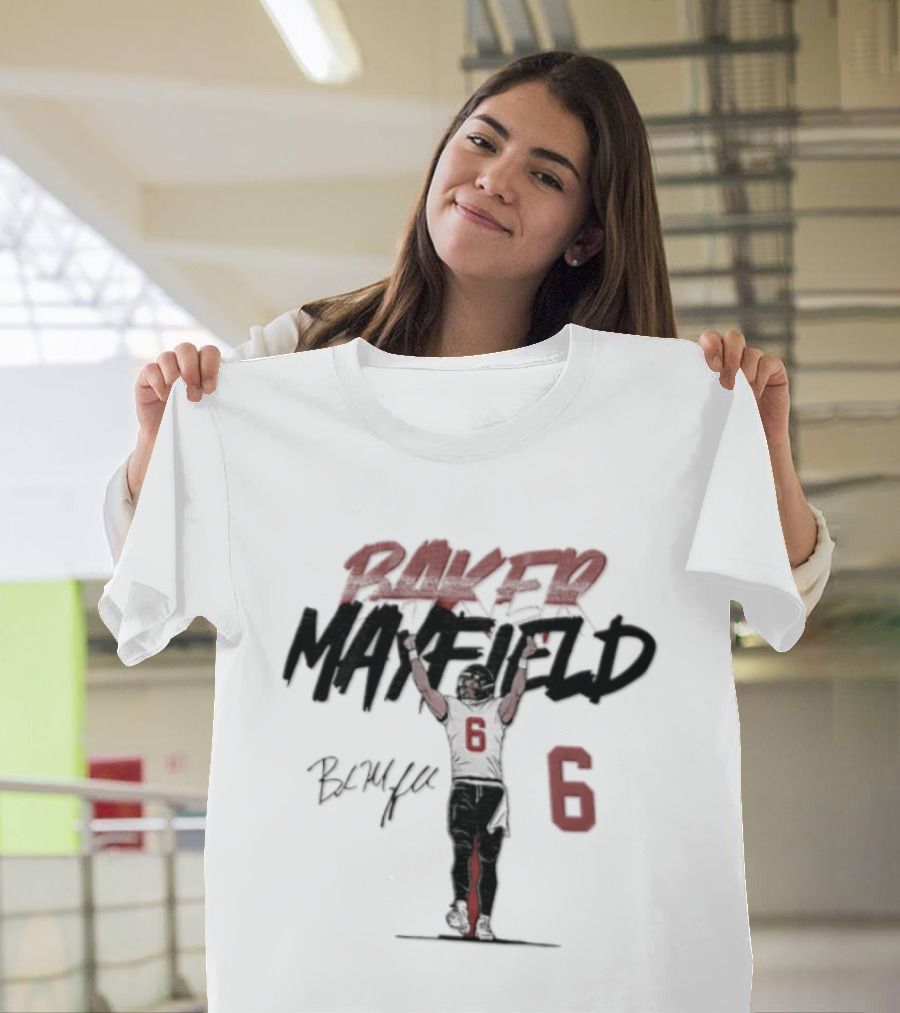 Baker Mayfield Buccaneers 6 Football Player Signature Arms Raised T-Shirt