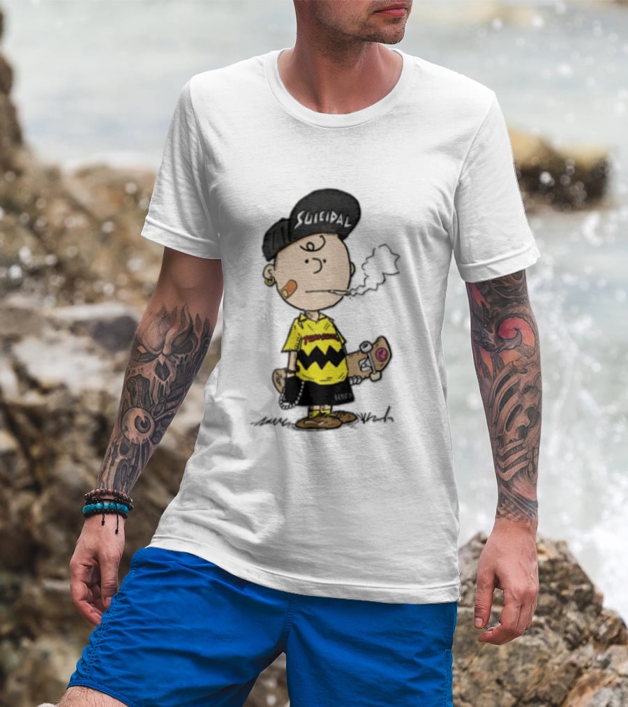 Charlie Brown Cartoon Boy Smoking Skateboard Punk Scumbag Thrasher T-Shirt