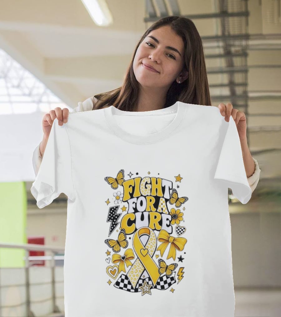 Fight For A Cure Yellow Ribbon Awareness Butterfly And Bow T-Shirt