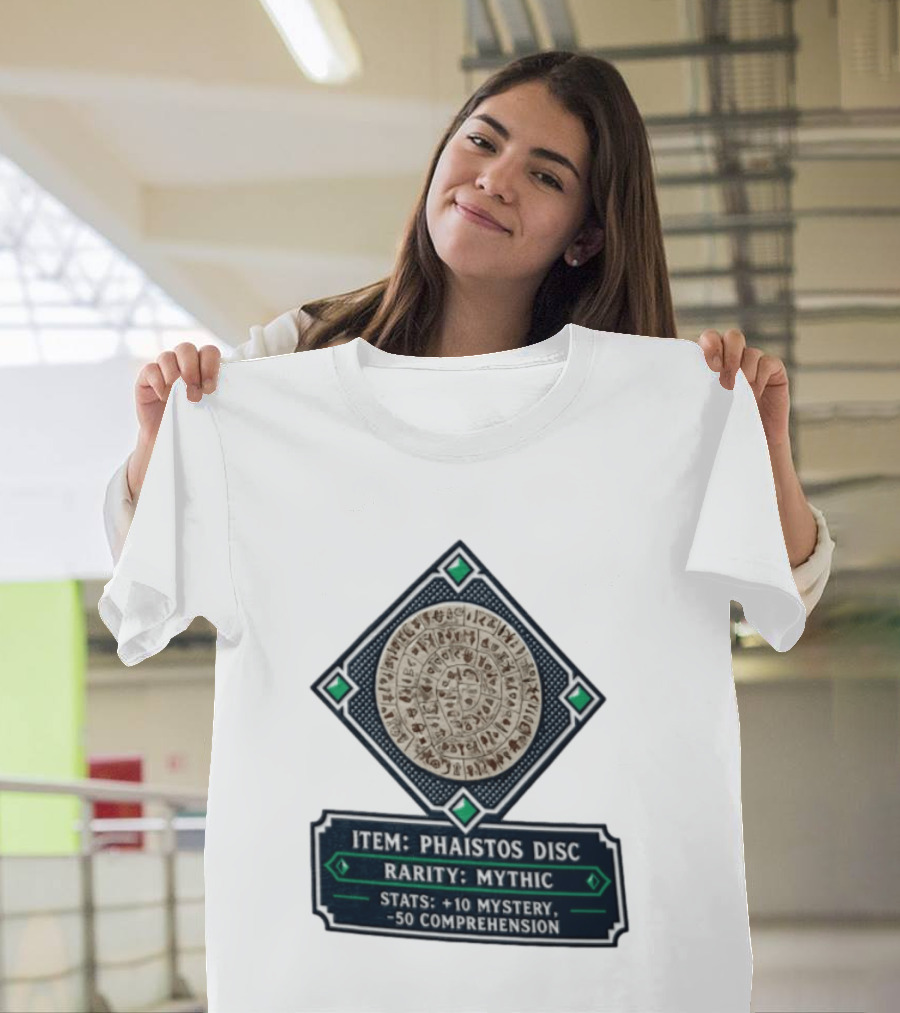 Item Phaistos Disc Rarity Mythic Stats +10 Mystery 50 Comprehension T-Shirt