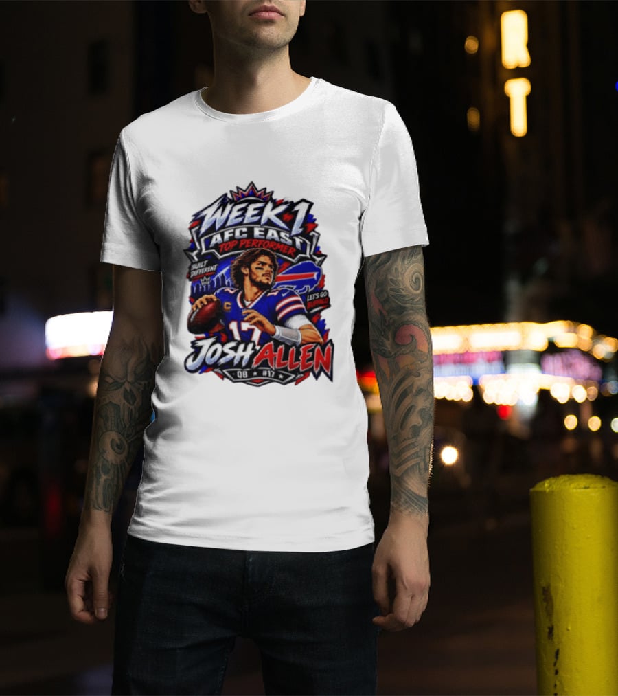 Week 1 AFC East Top Performer Josh Allen Built Different Let's Go Buffalo QB #17 T-Shirt
