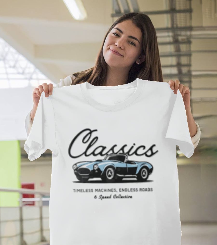 Classics Timeless Machines Endless Roads Blue Convertible Sports Car Speed Adventure T-Shirt