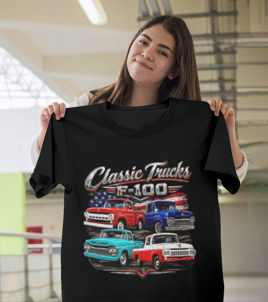 Classic Trucks F 100 Vintage Pickup American Flag T-Shirt
