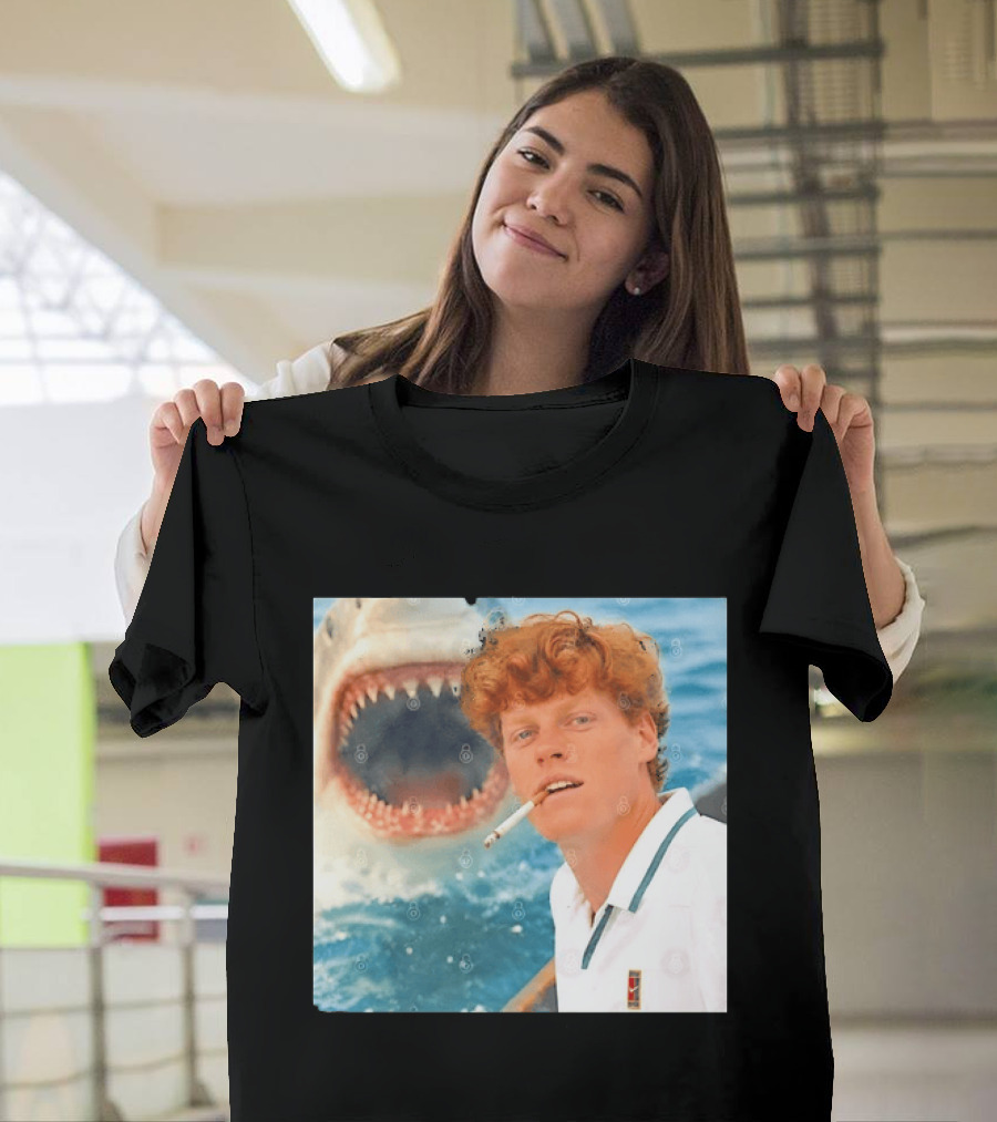 Jannik Sinner Smoking With Great White Shark Tennis Image T-Shirt