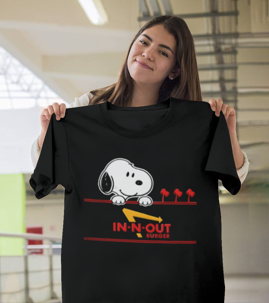 Snoopy Peeking Over In N Out Burger Red Lines With Palm Trees T-Shirt