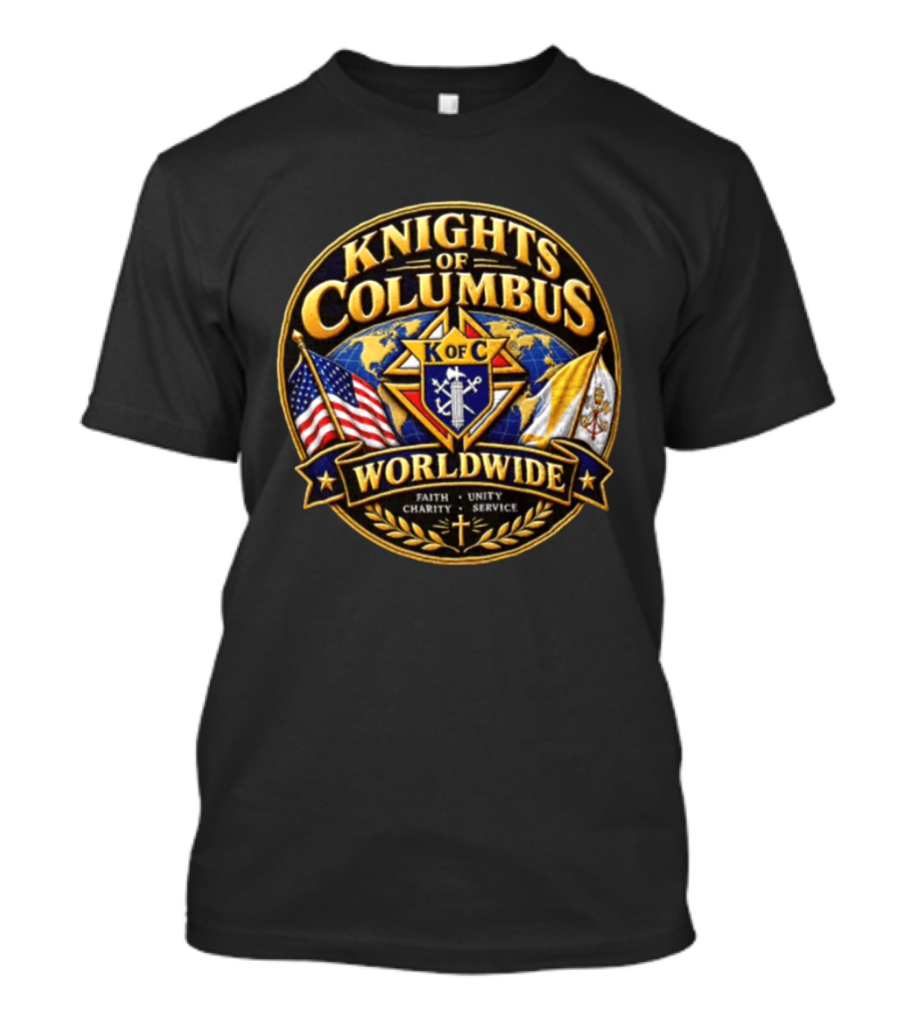 Knights Of Columbus K Of C Faith Unity Charity Service Worldwide With Flags And Cross T-Shirt