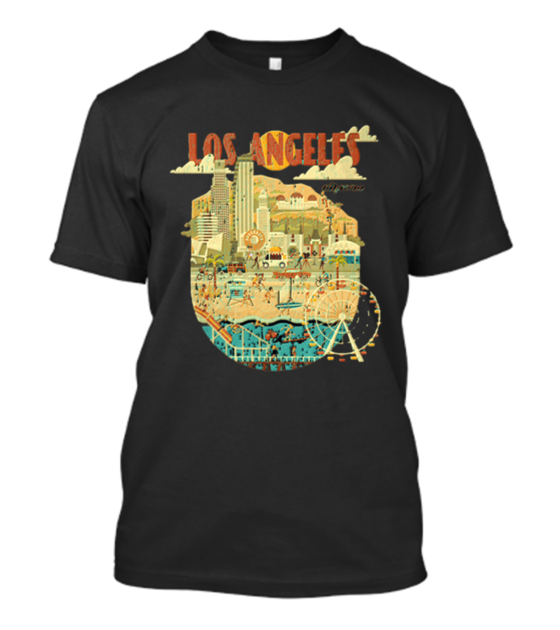 Los Angeles California Skyline Ferris Wheel And Beach Scene T-Shirt