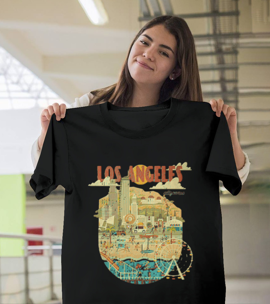 Los Angeles California Skyline Ferris Wheel And Beach Scene T-Shirt