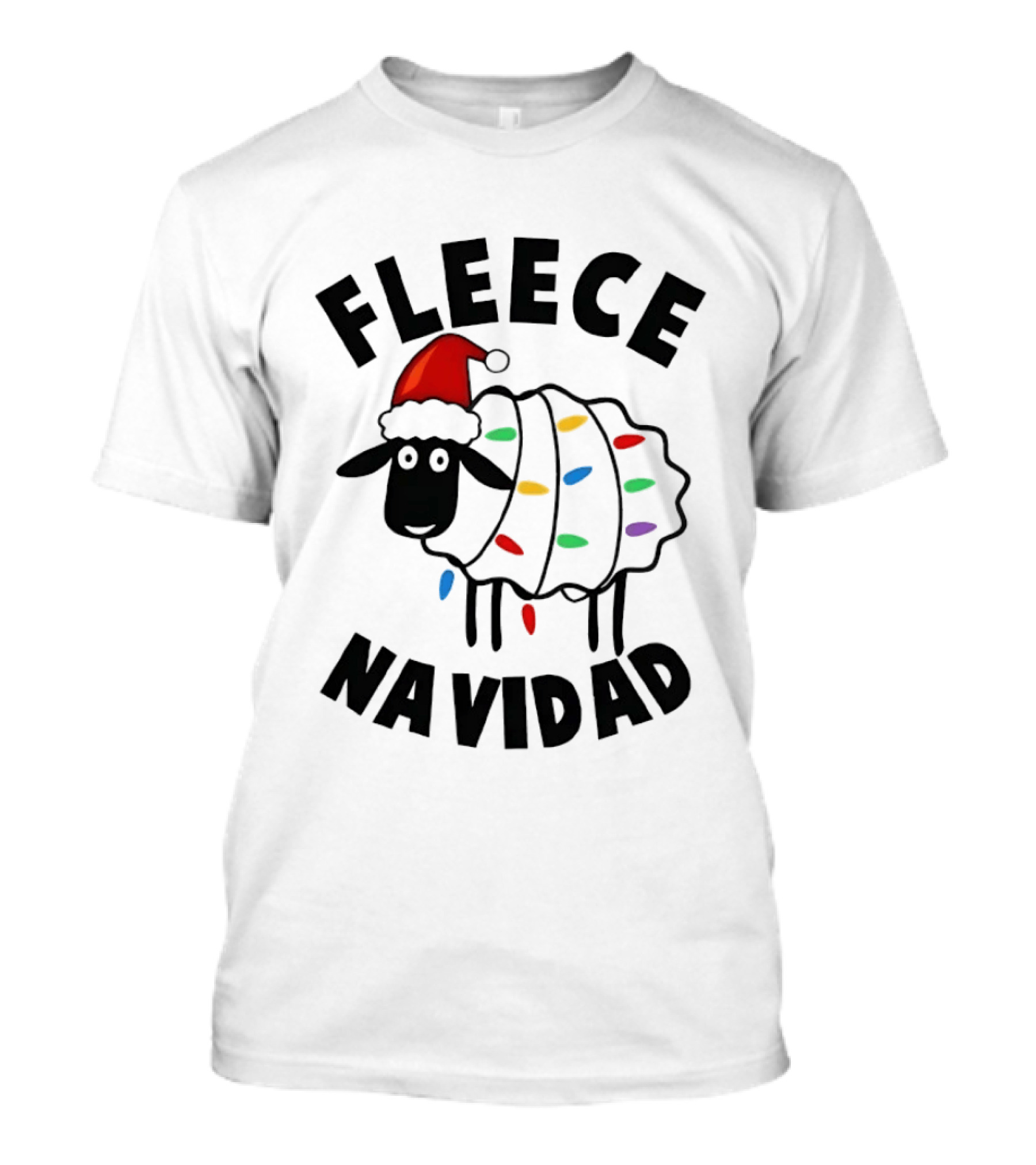 Fleece Navidad Christmas Sheep In Santa Hat With Holiday Lights Pun T-Shirt