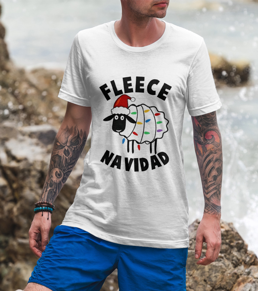 Fleece Navidad Christmas Sheep In Santa Hat With Holiday Lights Pun T-Shirt
