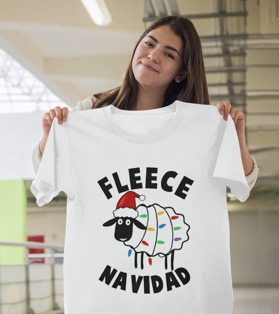 Fleece Navidad Christmas Sheep In Santa Hat With Holiday Lights Pun T-Shirt