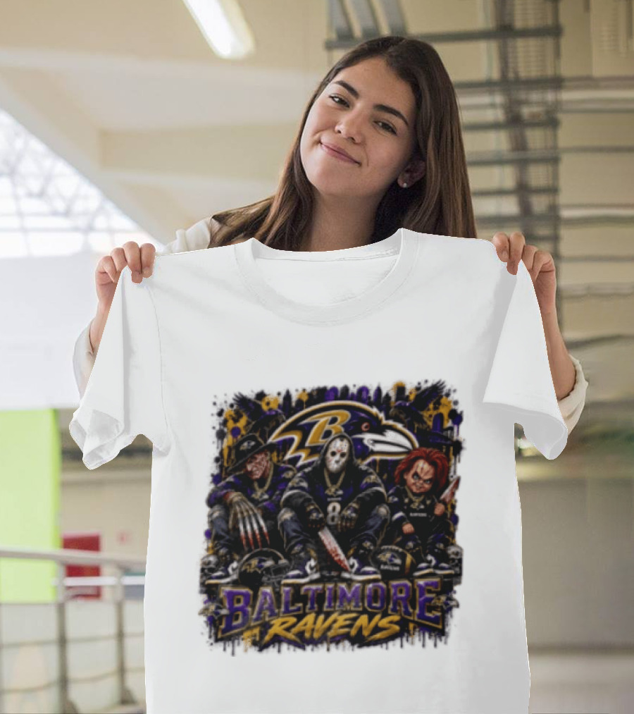 Freddy Krueger Jason Voorhees Chucky Baltimore Ravens Halloween Horror T-Shirt