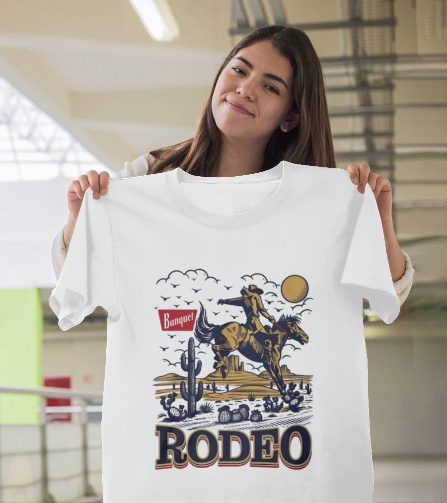 Western Rodeo Cowboy Desert Scene With Cactus And Mountains T-Shirt