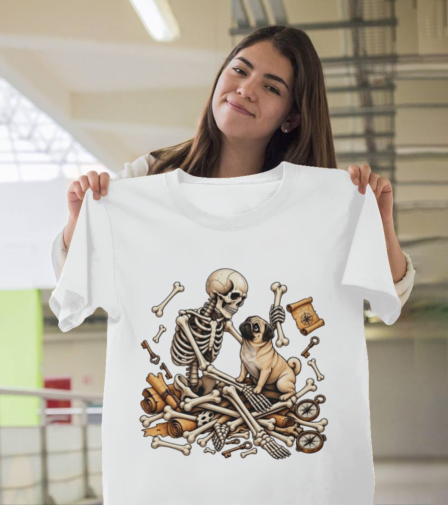 Skeleton Holding Bone With Pug Surrounded By Compass Keys And Treasure Maps T-Shirt