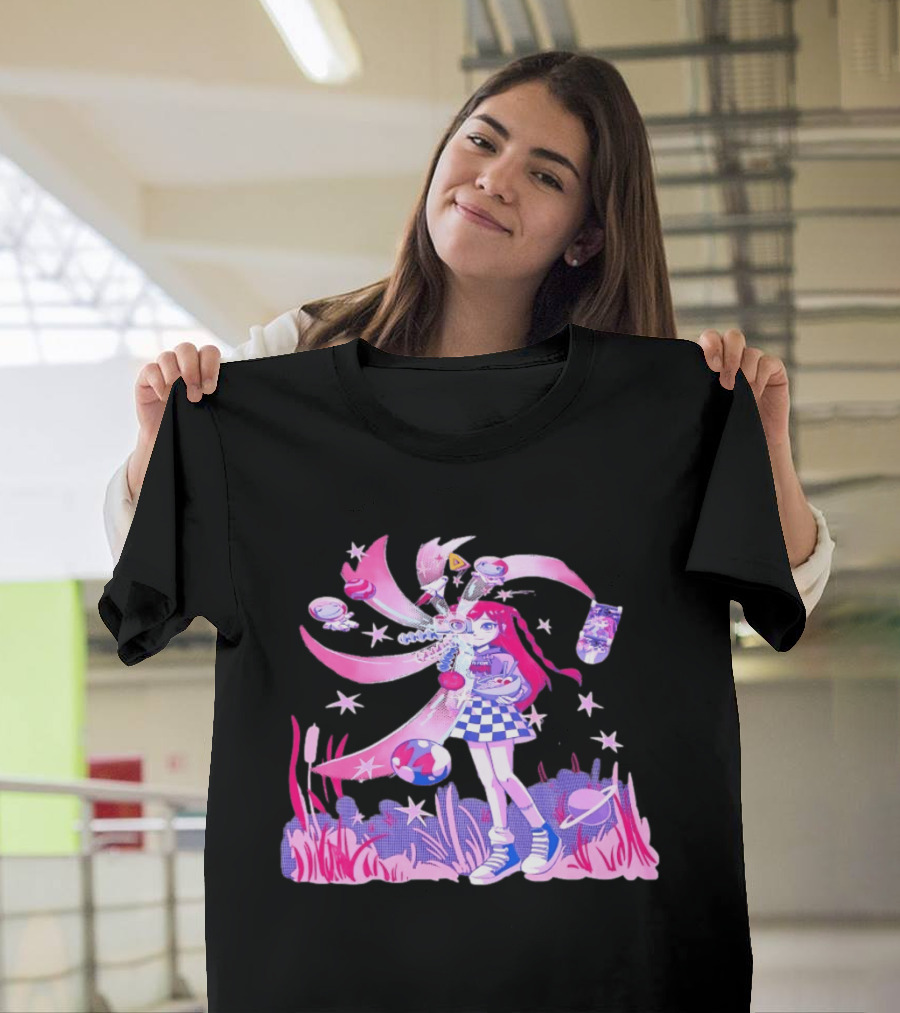 Anime Girl Space Ramen Checkered Skirt Pink Cosmic Stars T-Shirt