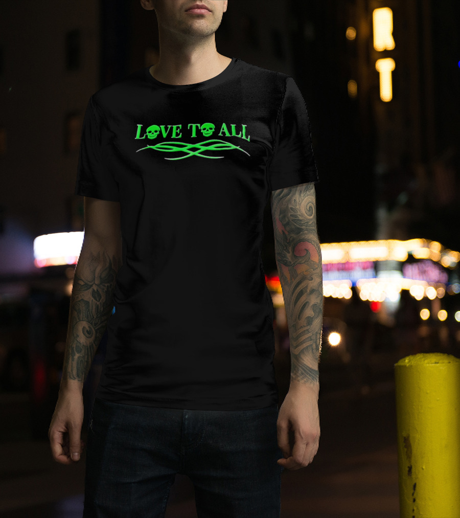 Love TO ALL Green Skulls Tribal Line Vibrant Neon Aesthetic T-Shirt