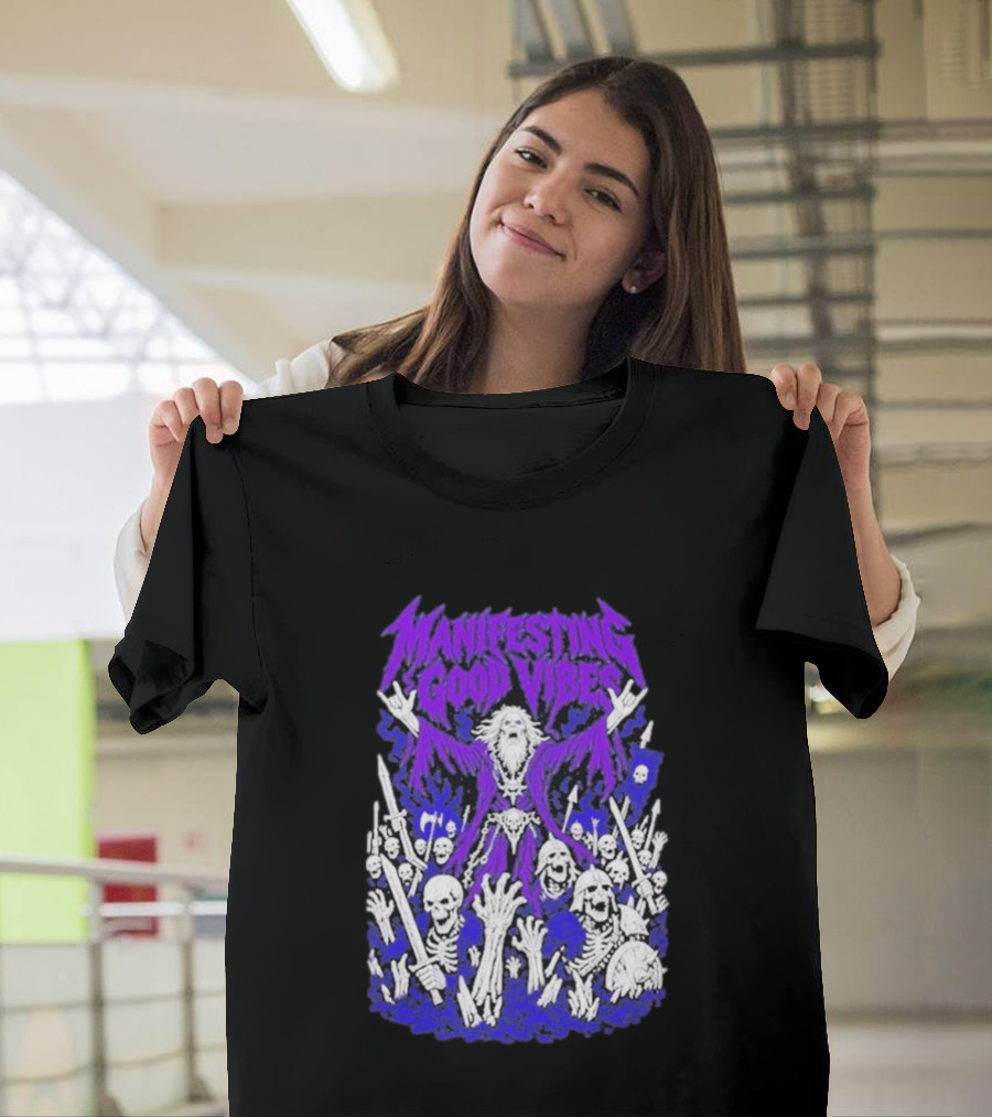 Manifesting Good Vibes Necromancer Skeleton Wizard T-Shirt