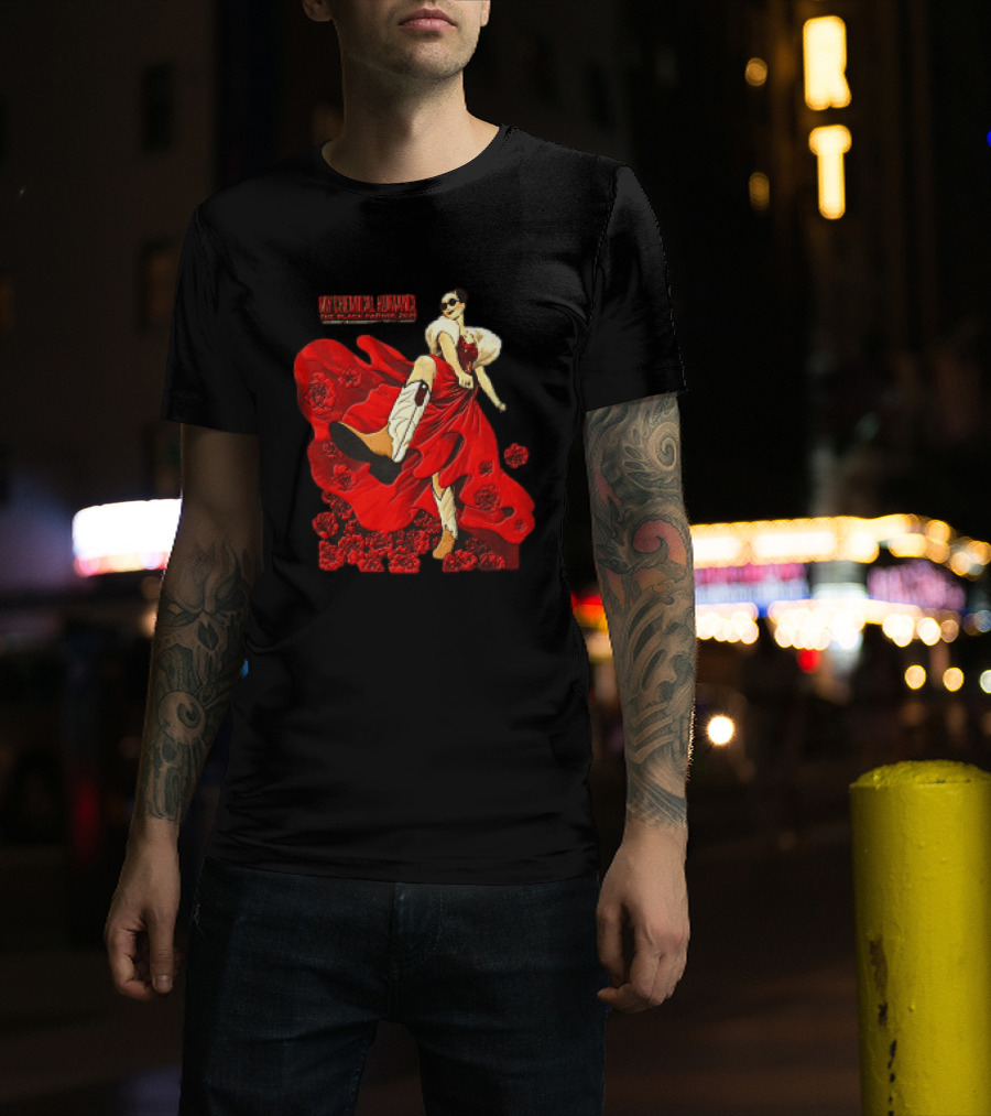 My Chemical Romance The Black Parade Tour 2025 Woman Red Dress Cowboy Boots Flowers T-Shirt