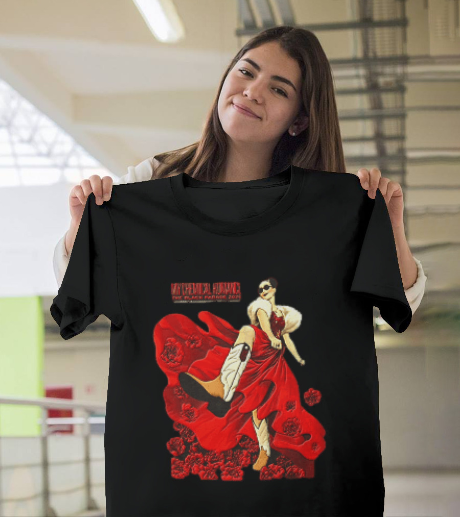 My Chemical Romance The Black Parade Tour 2025 Woman Red Dress Cowboy Boots Flowers T-Shirt
