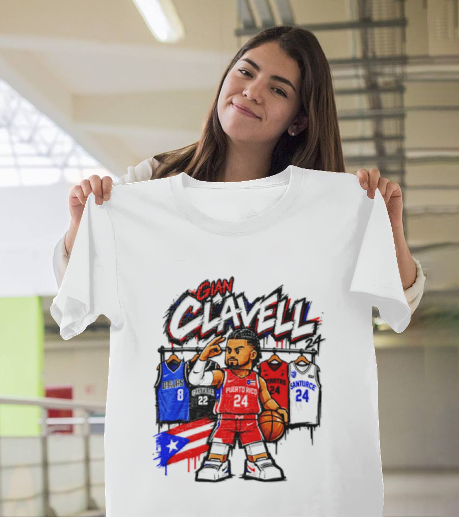 Gian Clavell Puerto Rico Basketball Cartoon With Jersey Collection And Flag T-Shirt