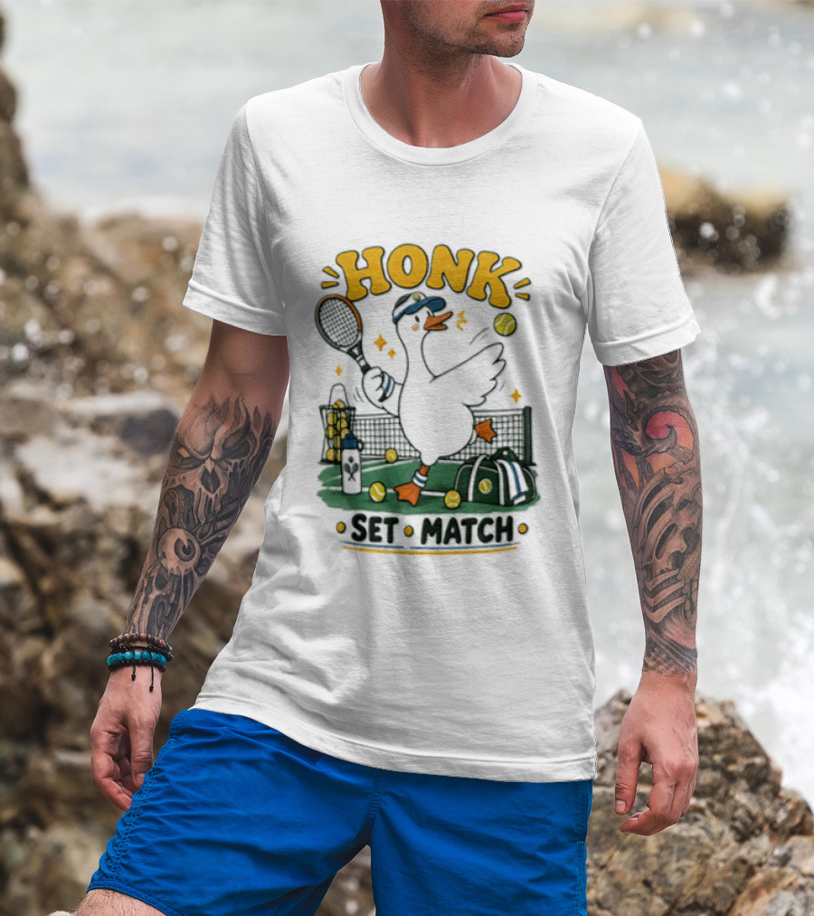 Honk Set Match Duck Playing Tennis Cartoon T-Shirt