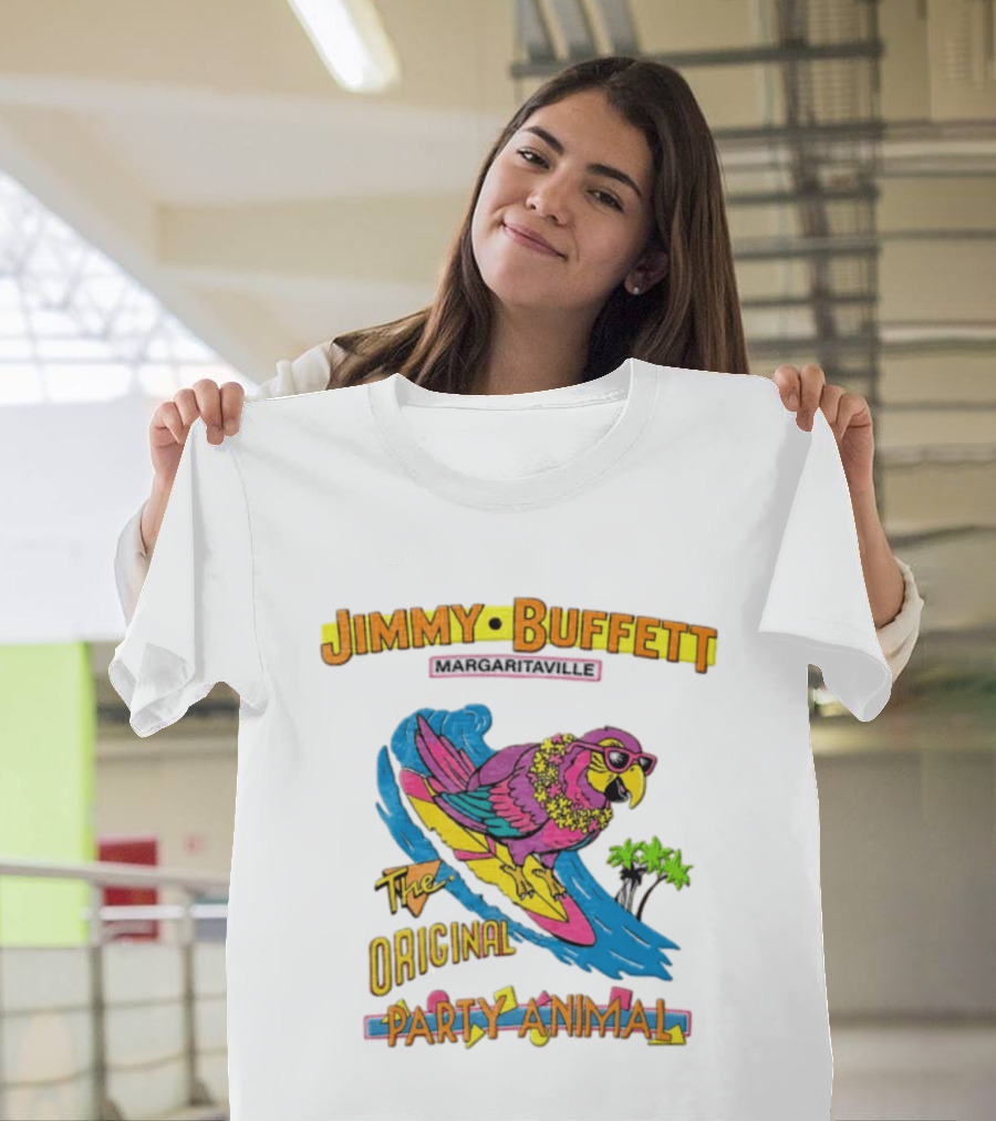 Jimmy Buffett Margaritaville Original Party Animal Parrot Surfing Wave T-Shirt