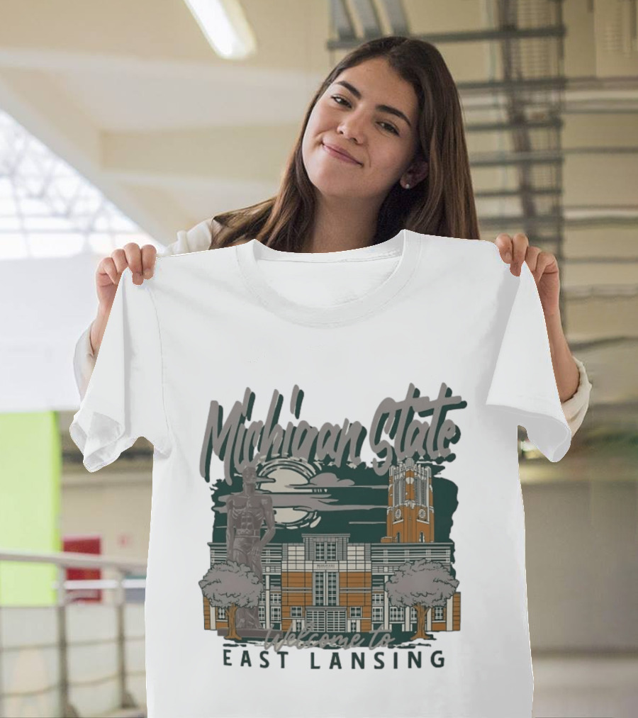 Michigan State University Welcome To East Lansing Scenic Campus Architecture And Famous Spartan Statue T-Shirt