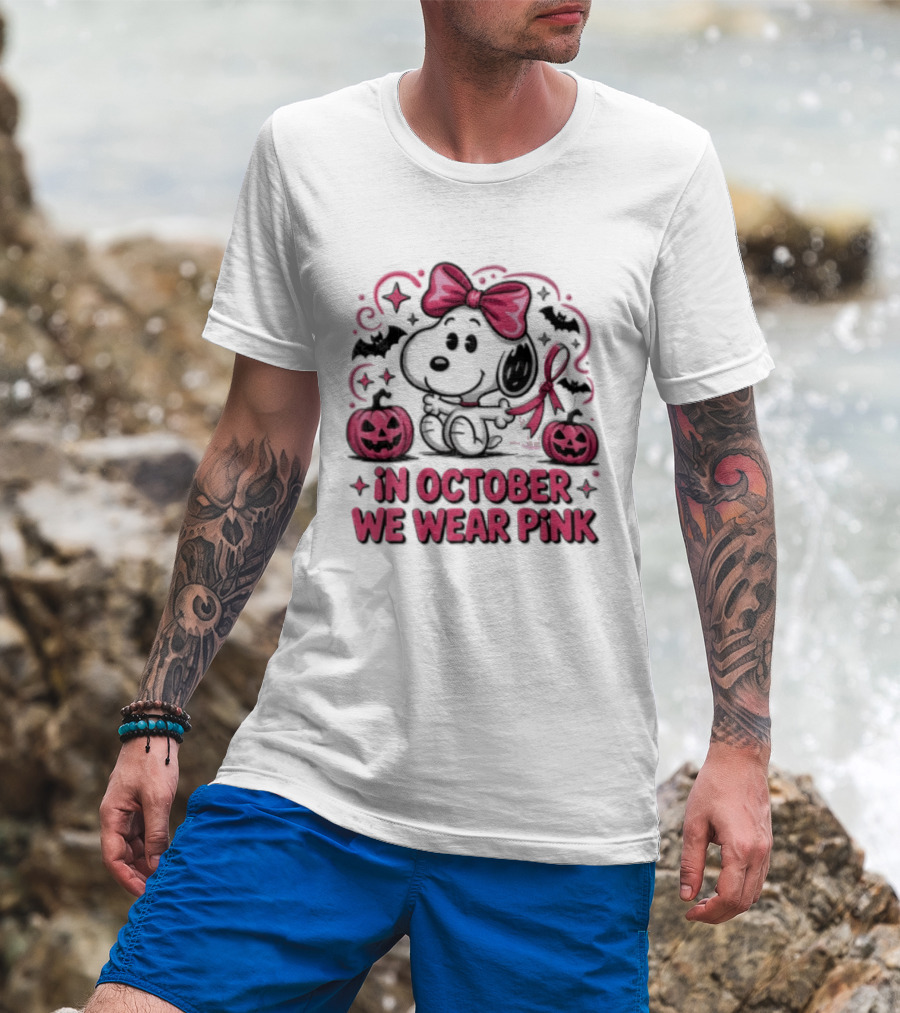 In October We Wear Pink Snoopy Peanuts Halloween Bow Pumpkins Bats T-Shirt