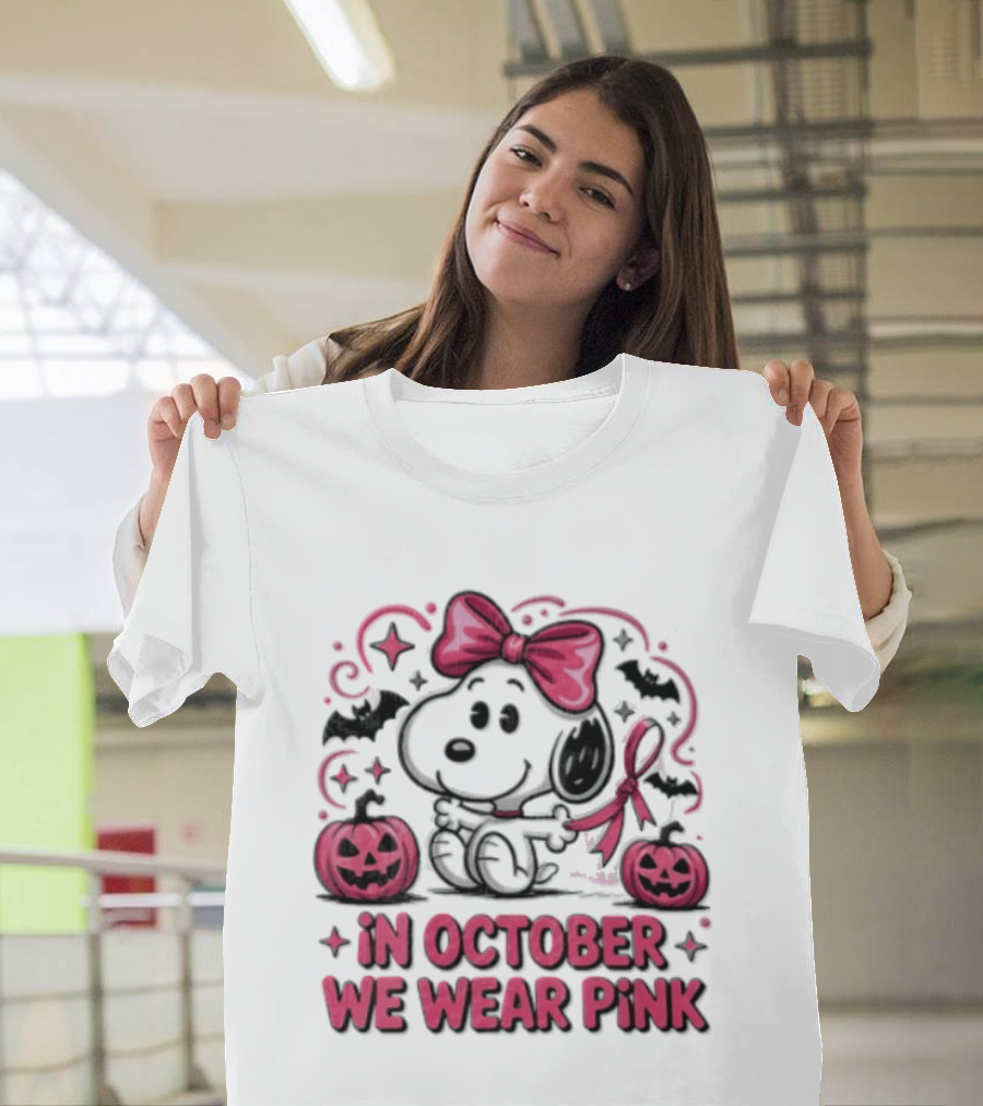 In October We Wear Pink Snoopy Peanuts Halloween Bow Pumpkins Bats T-Shirt