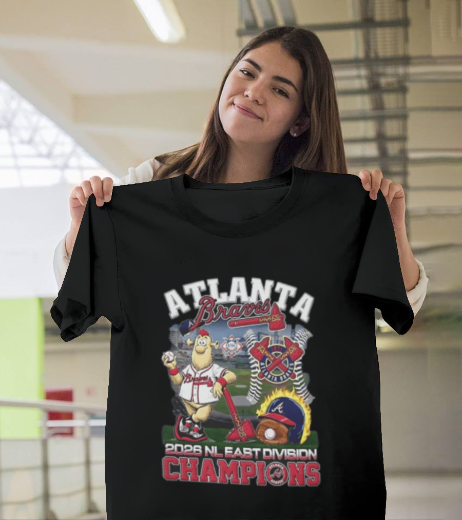 Atlanta Braves 2026 NL East Division Champions Stadium With Mascot And Baseball Bat T-Shirt