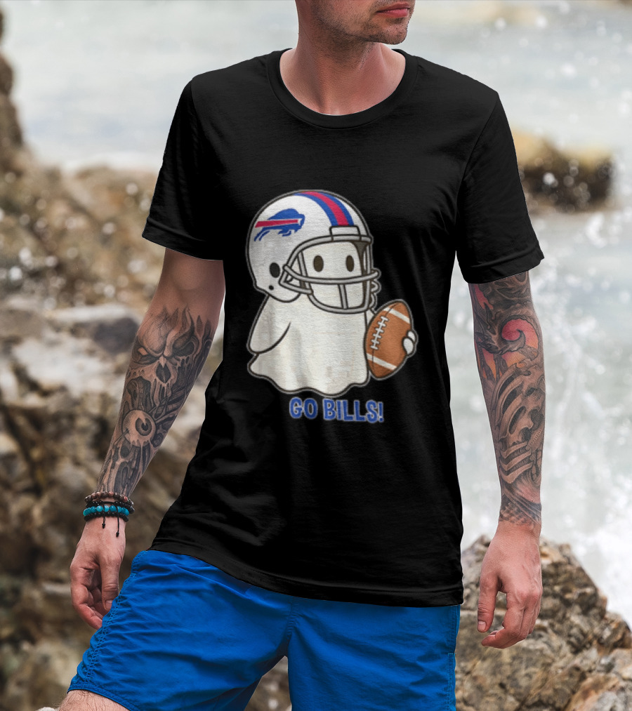 Buffalo Bills Ghost GO BILLS Football Helmet Holding Ball T-Shirt