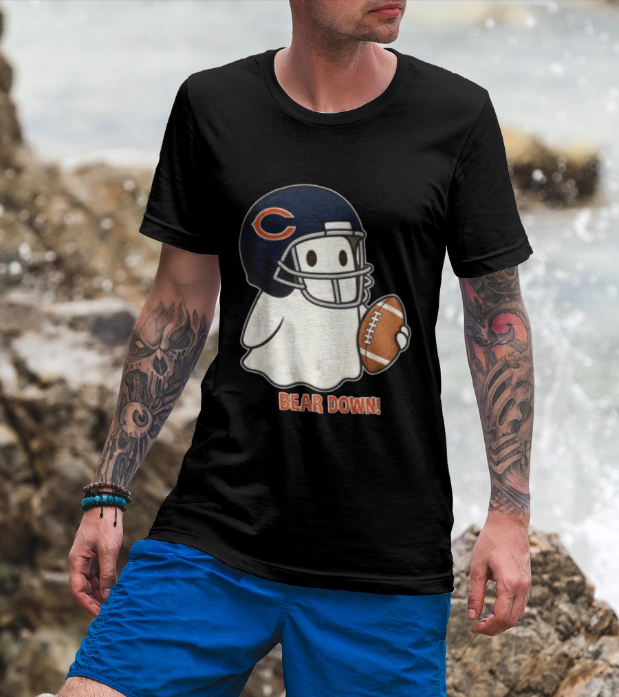 Chicago Bears Bear Down Ghost Football Helmet Holding Ball T-Shirt