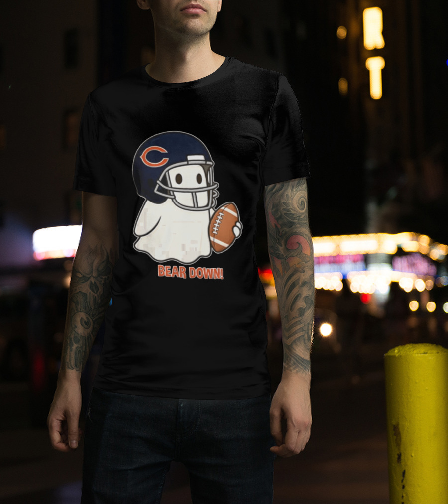 Chicago Bears Bear Down Ghost Football Helmet Holding Ball T-Shirt