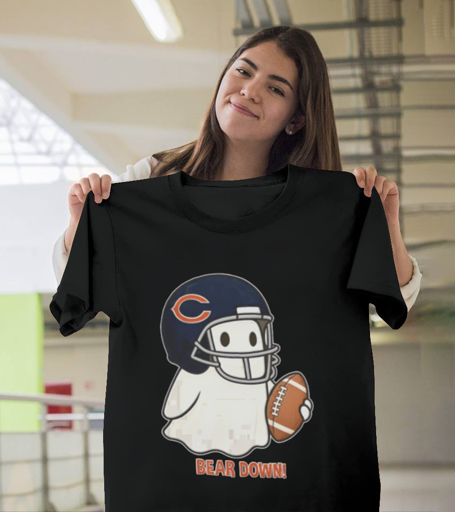 Chicago Bears Bear Down Ghost Football Helmet Holding Ball T-Shirt