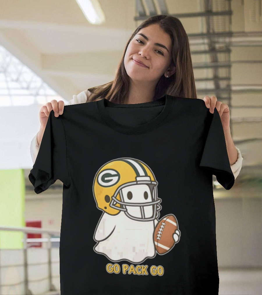 Go Pack Go Ghost With Green Bay Packers Football Helmet And Ball T-Shirt